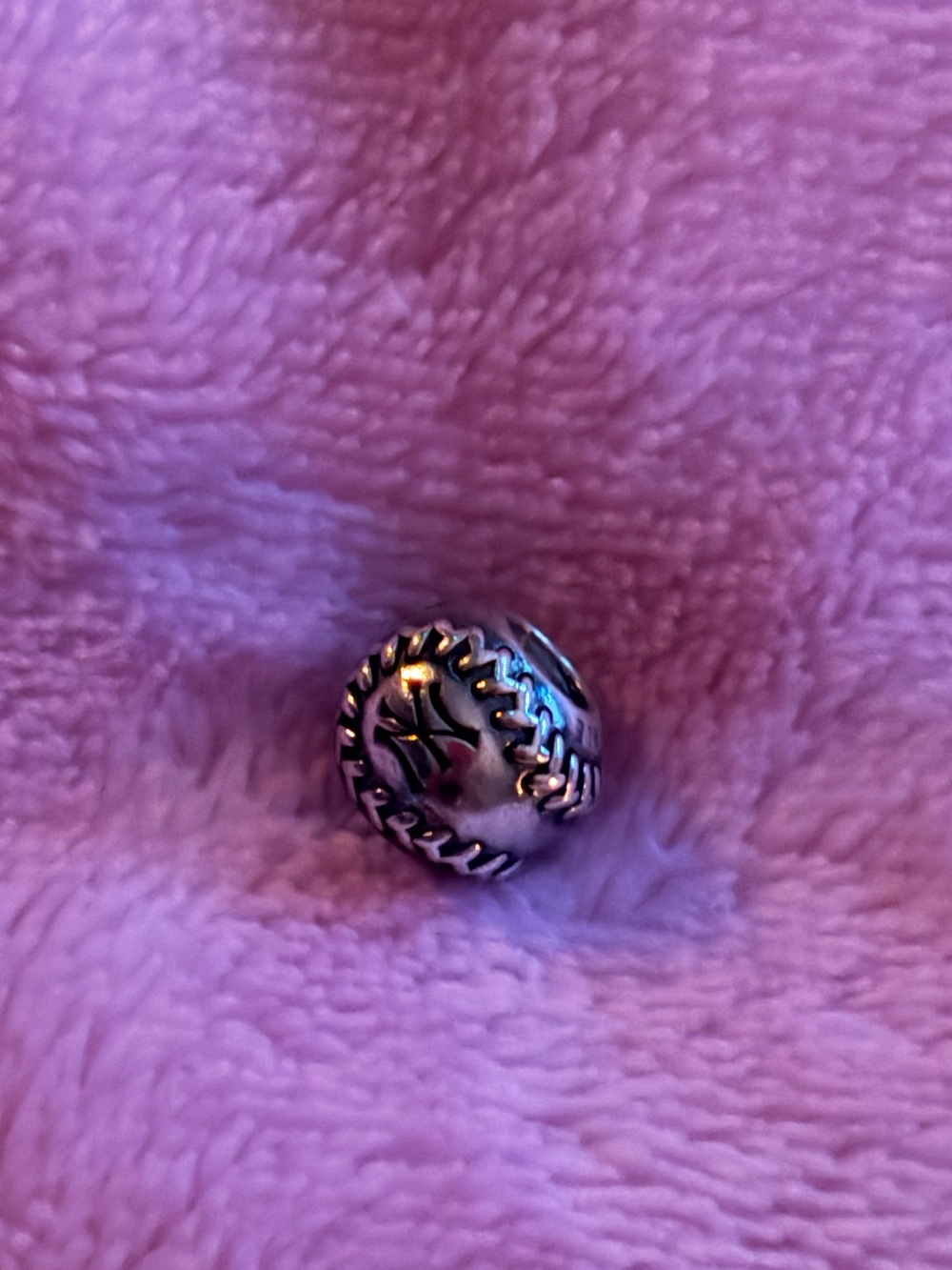 Pandora Silver Baseball Stitch Charm with Subtle Purple Hue